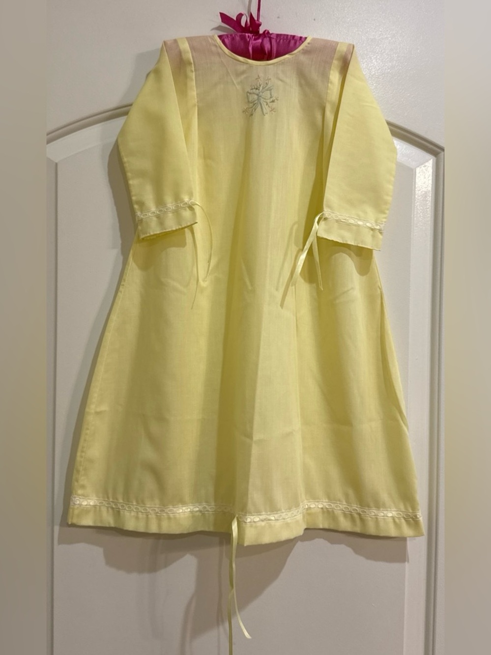 Vintage Handmade Baby Girl Pastel Yellow Long Sleeve Long Gown Embroidered